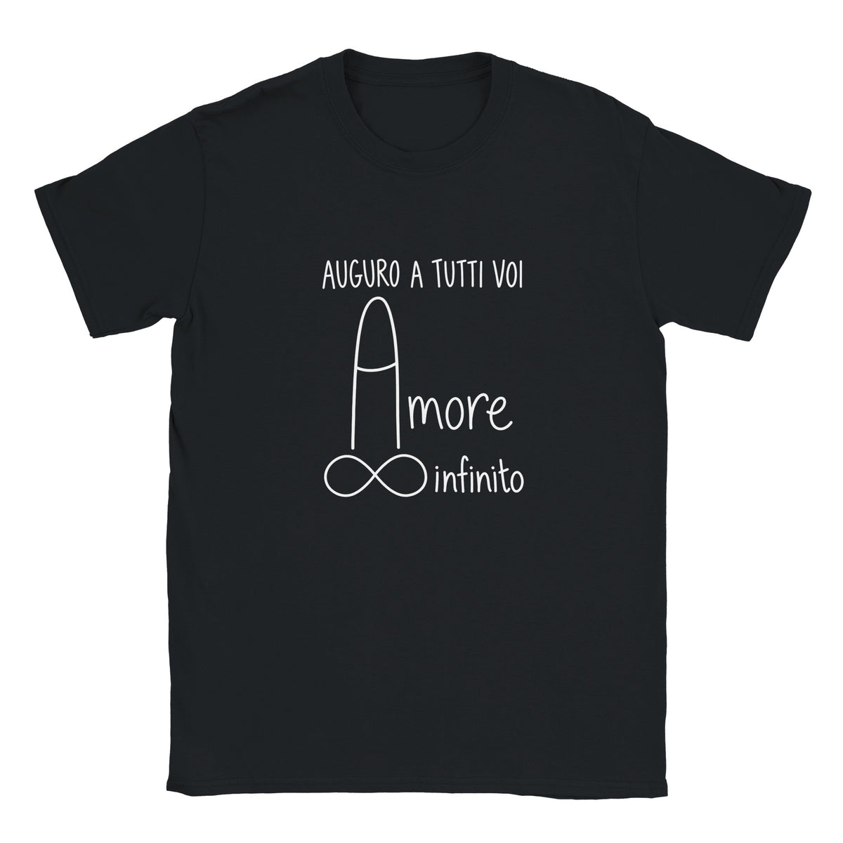 Maglietta Auguro a tutti voi amore infinito, nera con stampa bianca, vista frontale