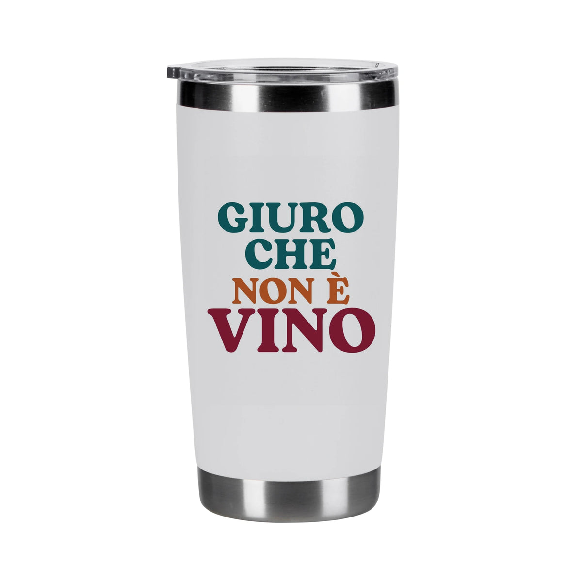 Tumbler termico bianco da 591 ml con la frase Giuro che non è vino in verde petrolio, terracotta e bordeaux, vista frontale