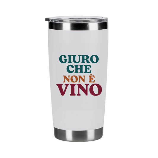 Tumbler termico bianco da 591 ml con la frase Giuro che non è vino in verde petrolio, terracotta e bordeaux, vista frontale