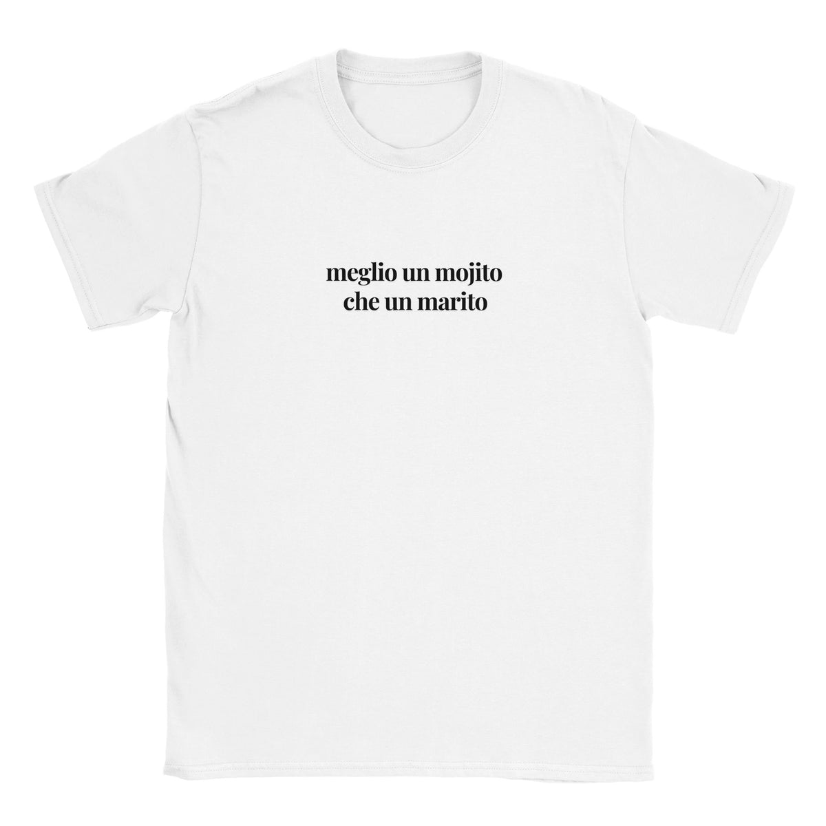 Maglietta bianca con scritta nera Meglio un mojito che un marito, versione solo frase