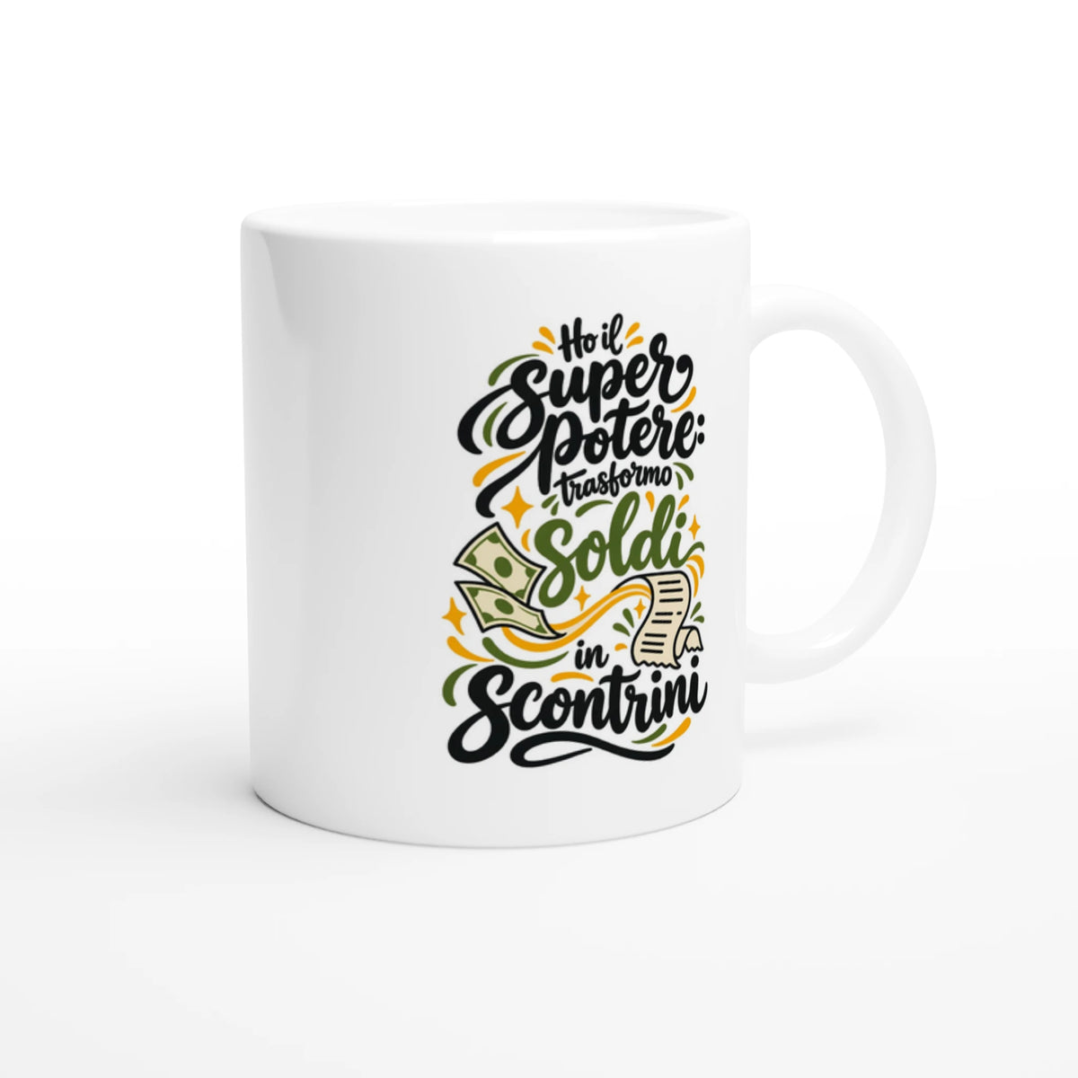 Tazza Trasformo soldi in scontrini da 11 oz, vista con manico a destra
